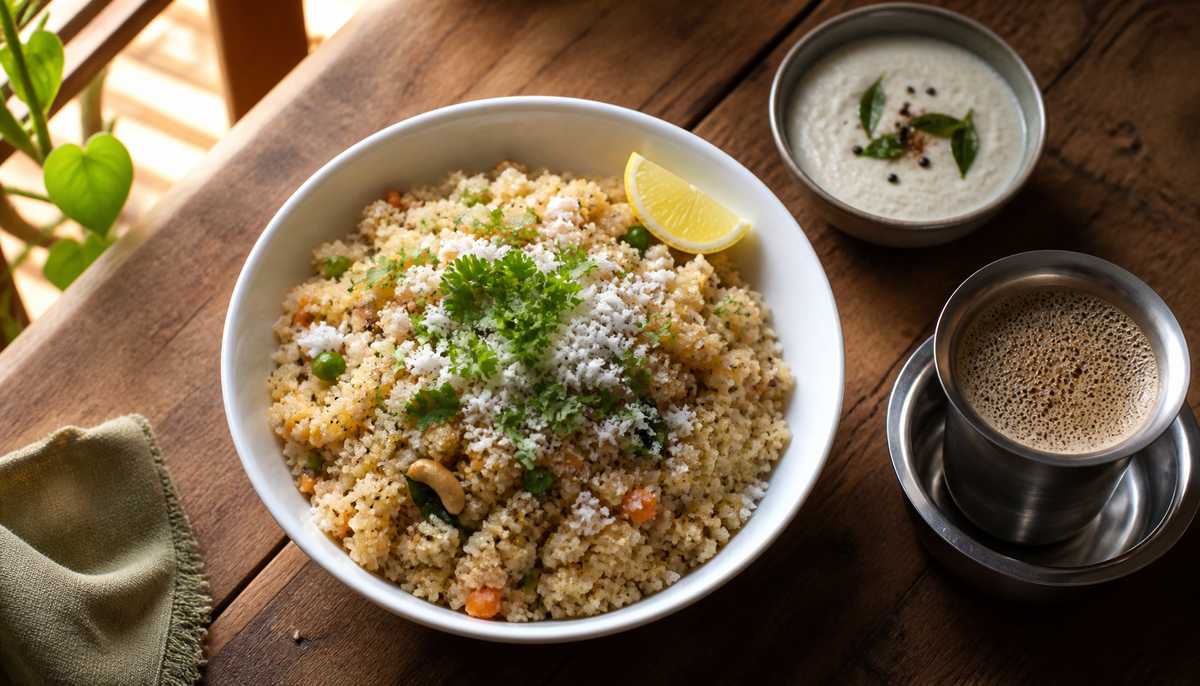 A warm, photorealistic overhead shot of a white ceramic bowl of freshly made multi millet upma garnished with green coriander leaves, grated coconut, and a wedge of lemon, placed on a rustic wooden Indian kitchen table with a small bowl of coconut chutney