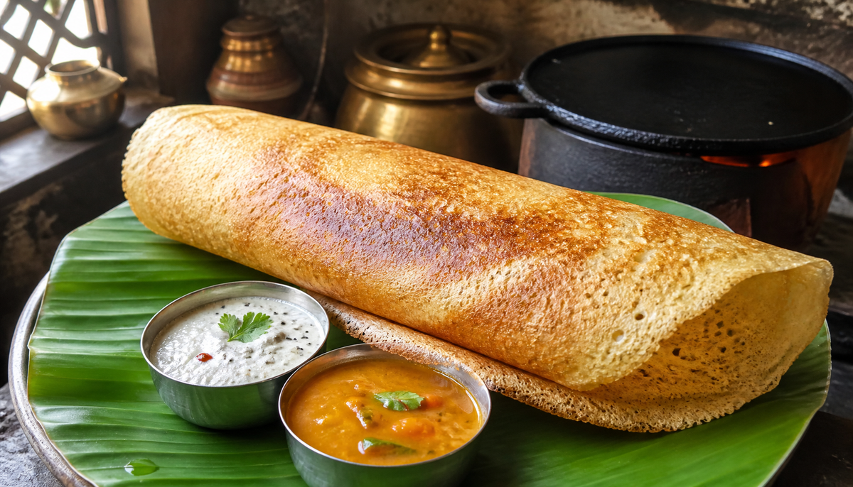 Golden crispy millet dosa on a traditional South Indian banana leaf, served with coconut chutney and sambar in small steel bowls, rustic Indian kitchen background with a black cast iron tawa, natural morning light, photorealistic, no text